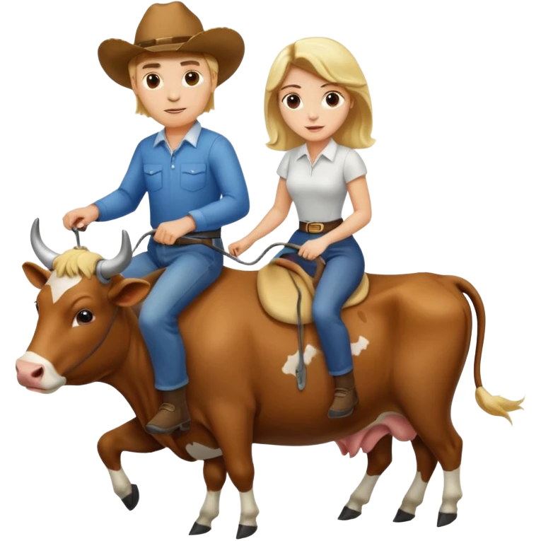 Do a man and a woman riding cows , the man is blond and woman a brunette emoji