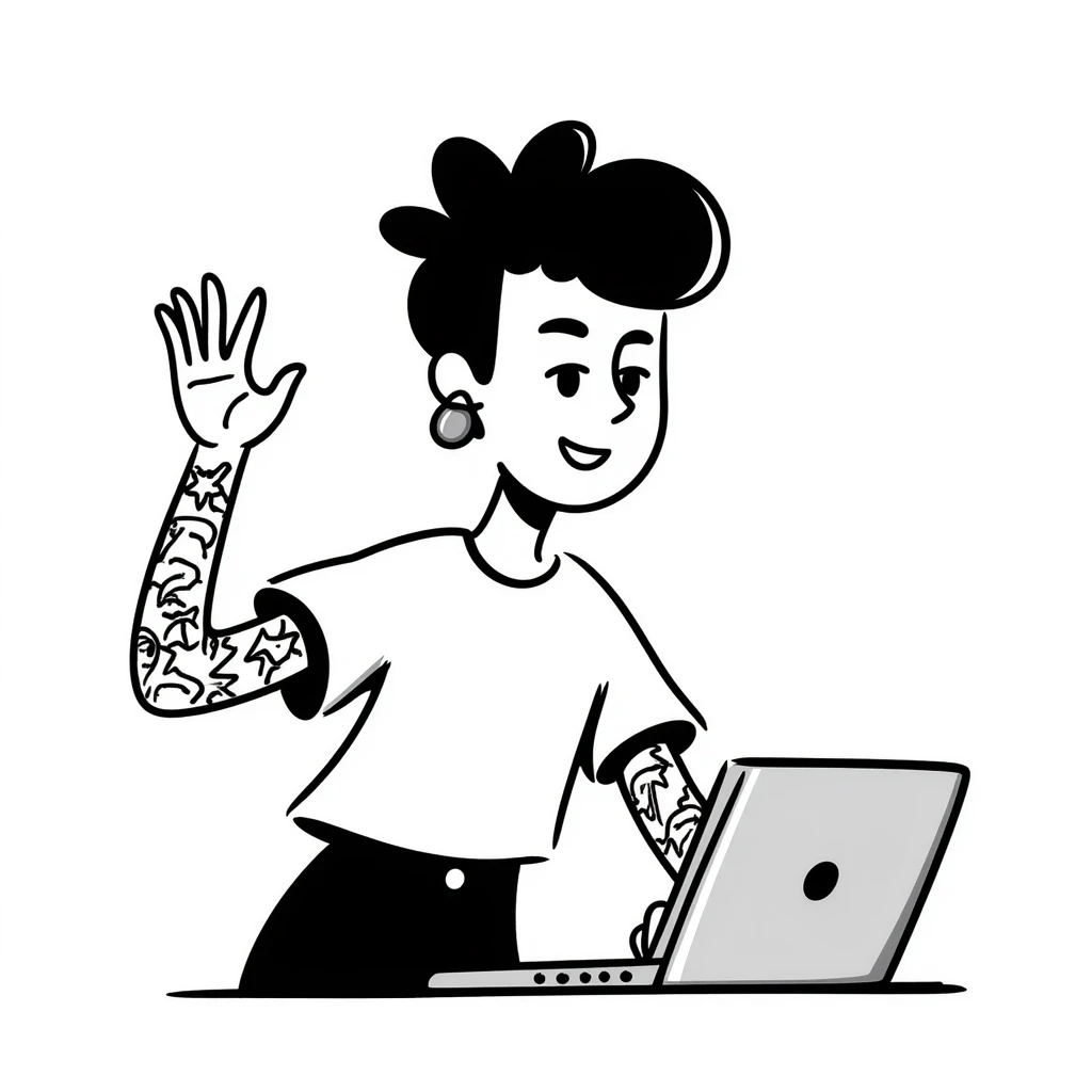 Punk rock female student with mohawk, facial piercings and full sleeve tattoos, smiling confidently while raising hand in class, laptop on desk, wearing band t-shirt emoji