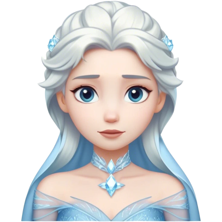 Cinematic Timeless Snow Queen Portrait Emoji, rendered in a clean, vector style. Depict Elsa with icy pale skin, intricately styled platinum hair, and a serene, regal expression, dressed in a minimalist ice-blue gown. The design features bold, simplified shapes, a soft, drowsy crystalline glow, and a subtle glowing outline, capturing the essence of timeless, majestic winter beauty. emoji