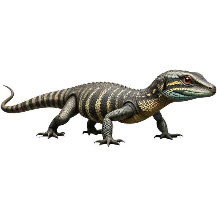 cinematic-monitor-lizard-realistic-full-body-standing on all fours-emoji,-long-powerful-tail-dragging-slightly-behind,-sleek-scaled-body-textured-with-rich-patterns and stripes,-head-tilted-dramatically,-dark-intense-eyes-observing-its-surroundings,-simplified-yet-realistic-focused-features,-highly-detailed,-glowing-with-an-almost-sarcastic-glow emoji