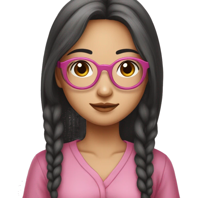 an oriental girl, with two dimples in left cheek, wear a round glasses (but not too round), aged 24, likes to wear pink, holding a macbook, hair is long and straight, she has a fair skin emoji