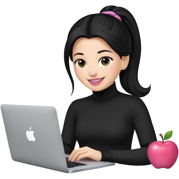 a woman with long sleeve turtle neck top and smile, her hair is long black pony tail, her eyes color are black and the color of her lip is soft pink with apple notebook (macbook). her jab is digital designer. emoji