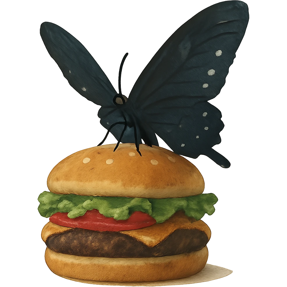 ghibli style black butterfly sitting on a burger emoji