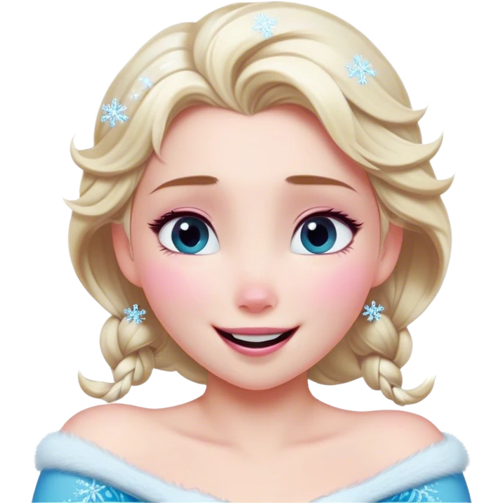 Cinematic Adorable Elsa Portrait Emoji, Giggling as tiny snowflakes swirl around her, cheeks flushed pink from the cold, eyes twinkling with warmth, a heart-melting mix of beauty and playfulness! emoji