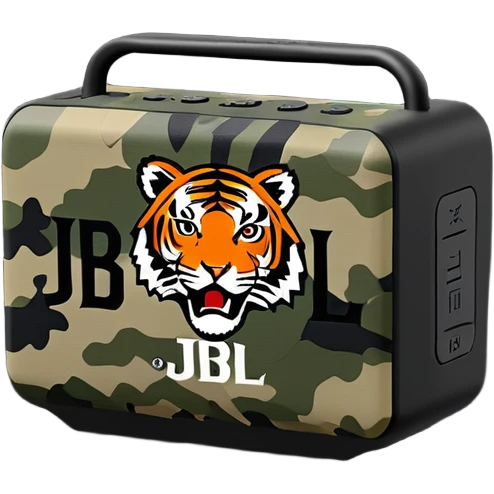 Sleek JBL Go 4 with tiger stripe camouflage pattern, minimal aesthetic, portable speaker, simplified silhouette emoji