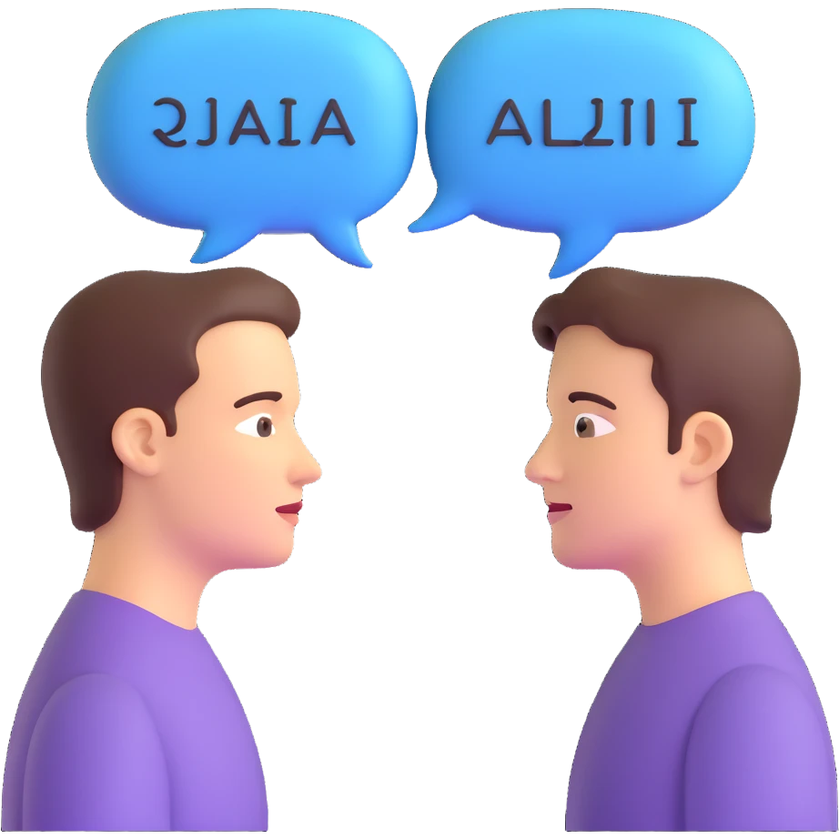 two people facing each other, speech bubbles with different scripts, e.g., Latin and Arabic emoji
