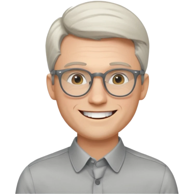 30 yr old pale white man, white/grey side swept stylish hair, round glasses, big smile, white teeth, handsome, longer hair, thin glasses, dress shirt emoji