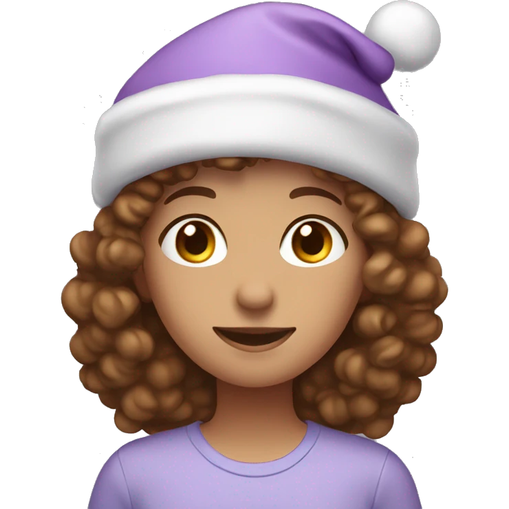 Girl with short brown curly hair and a light purple Christmas hat emoji