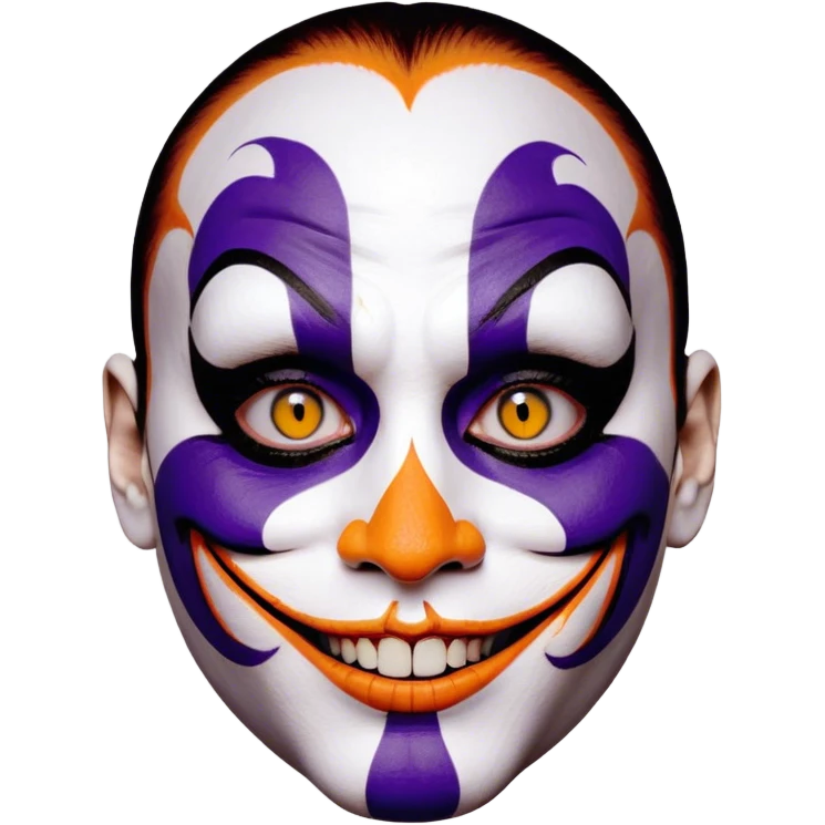 Perfectly round disembodied floating Juggalo smiley face that is hairless with white skin with realistic human brown colored eyes and elaborate but symmetrical thin lined face paint that covers most of the area of their face from the top of the forehead down the sides of their chin to the bottom of their face that is orange outlined in dark purple, with an unrealistic anatomically impossible grin with broken teeth and look in their eyes that is menacing emoji