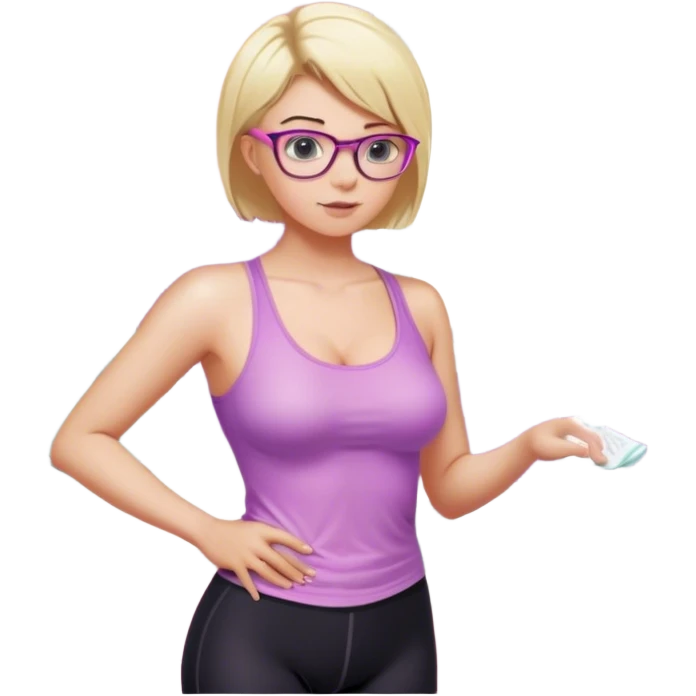 Thick fair skinned woman, short blond hair, small light purple reading glasses, washing dishes, SFW sheer pink tank top, without undergarments showing natural breast shape SFW, black yoga pants, thick booty emoji