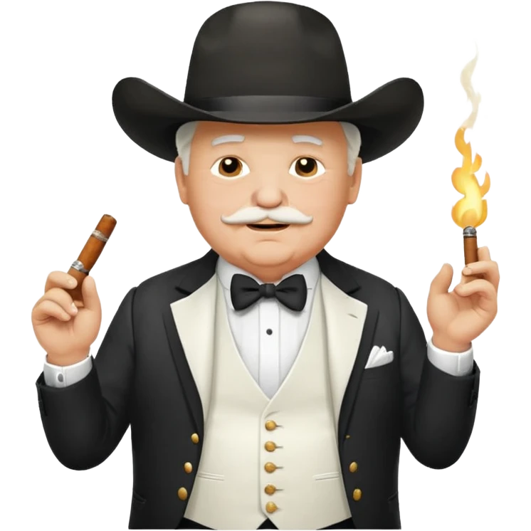 Create an emoji of an older, chubby man wearing an elegant all‑white suit with white waistcoat, white bow tie, and a large white cowboy hat. He is smirking confidently and holding a lit cigar in one hand in front of his chest. The character should look like a greedy, arrogant rich politician. emoji