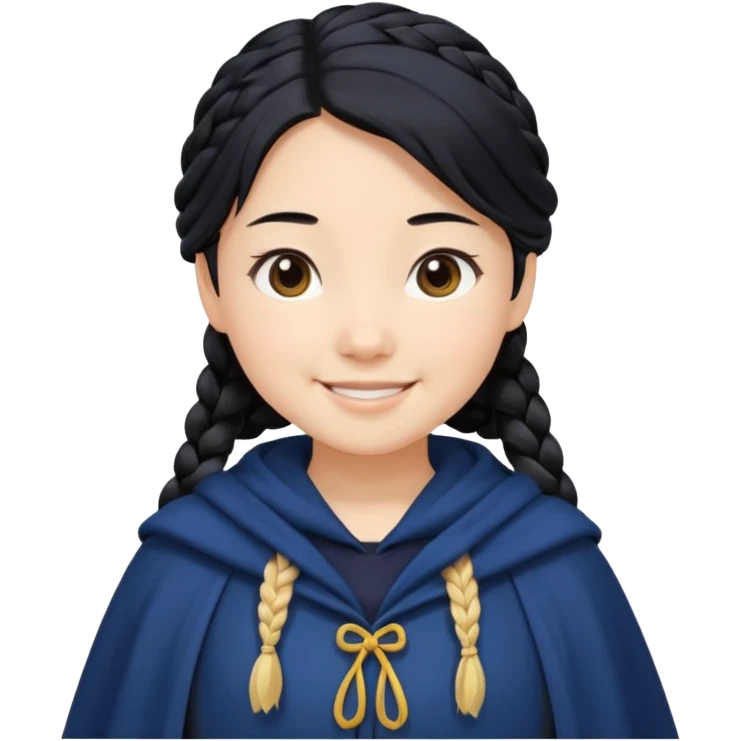braid black hair, white asian girl, dark blue cloak emoji