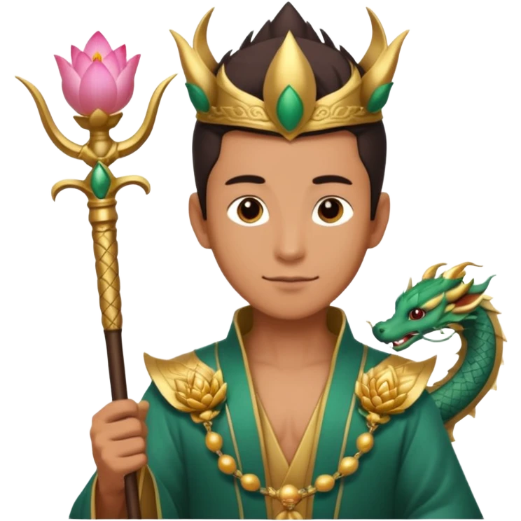 man with asian dragon, scepter, buddhism, lotus emoji