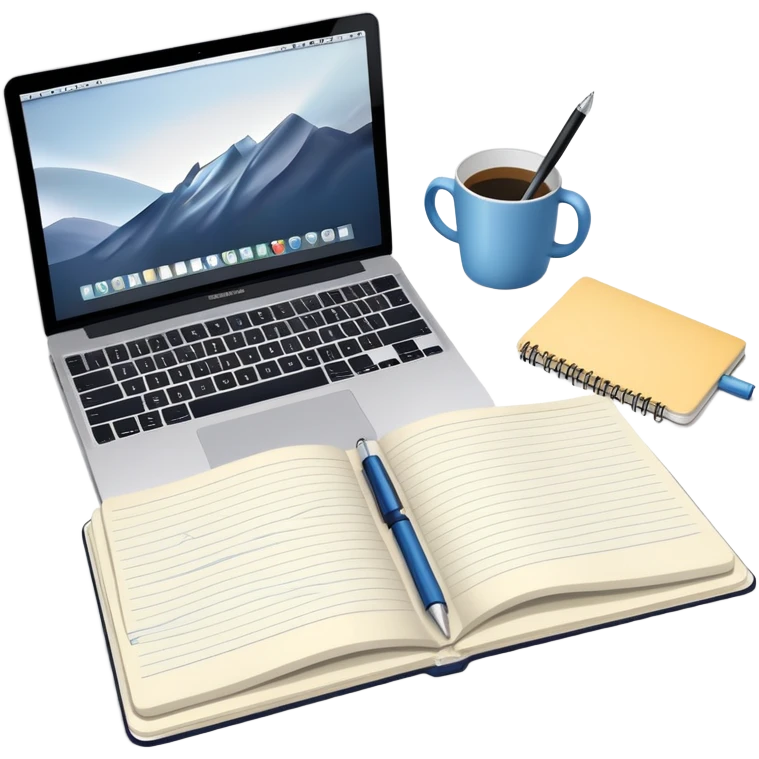 top view of a MacBook and a notebook with a pen nearby, notebook with visible notes emoji