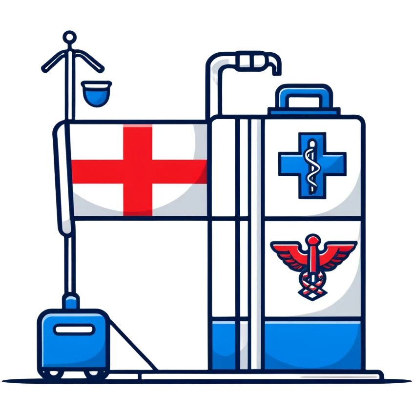 Modern hospital with Thai flag prominently displayed, medical symbol, flag with red white blue stripes emoji