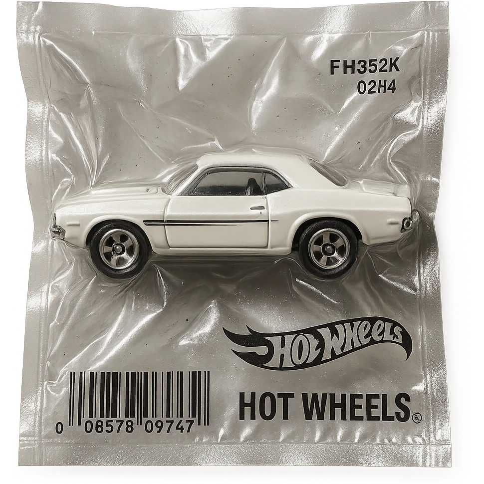 white 1971 Dodge Challenger Hot Wheels toy car, shiny and inflated, inspired by the movie 'Death Proof' emoji