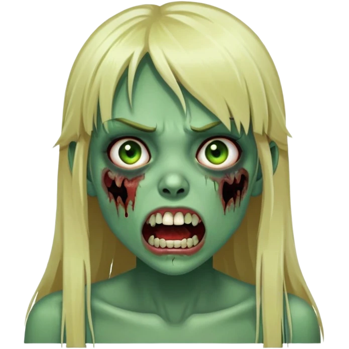 Zombie girl with green skin, visible bruises on face, mouth open showing teeth, long blonde hair with straight bangs emoji