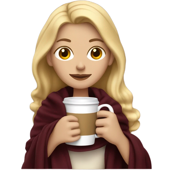 Blonde white lady in a dark burgundy blanket sipping coffe emoji