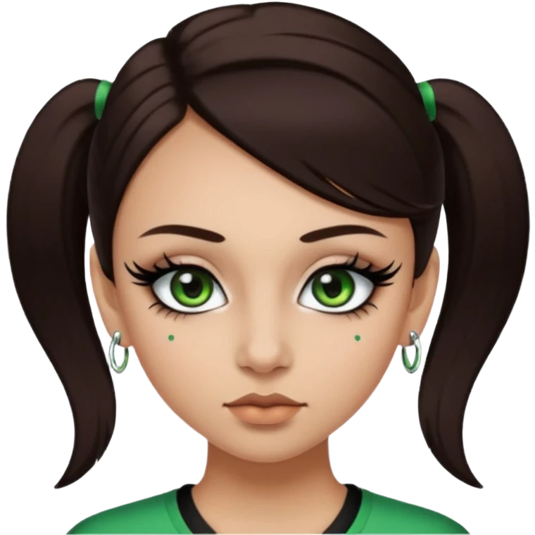 Y2k style Girl with: long, straight dark brown hair, green/ hazel eyes, nostril and septum piercing, fake eyelashes and eyeliner emoji