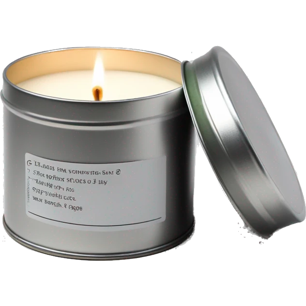 realistic, lit matcha scented candle, silver tin, small plain white label with black text emoji