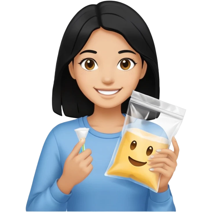 Black hair Girl smiling holding a clear ziploc bag with white powder emoji