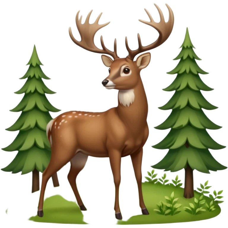 Whitetail buck standing on a hillside with trees and brush in the background. emoji