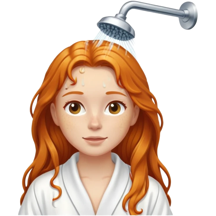 Ginger girl in white robe long wet hair relaxing shower skin care emoji