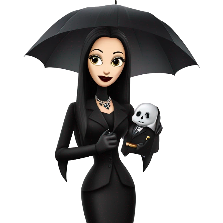 Fun Morticia Addams at a rainy funeral holding umbrella. funeral veil,gloves, holding small clutch.Gal on the Go Barbie  emoji
