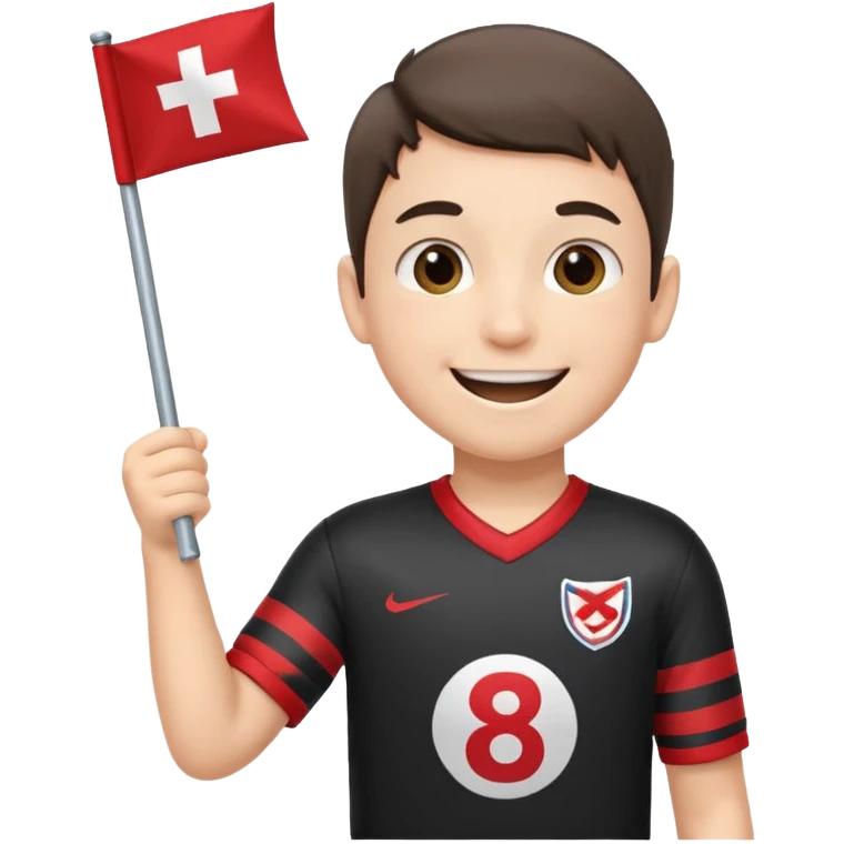 A boy in a jersey, excitedly lifting a small handheld flag. emoji
