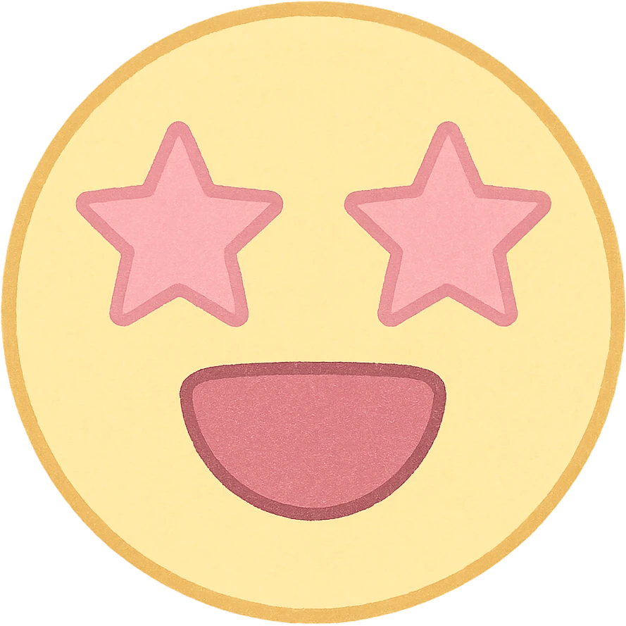 cute emoji, round face, star eyes, open mouth, excited, pastel yellow and pink emoji