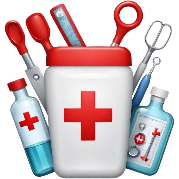 An icon featuring The Hygeia Vessel, a red cross, symbolizing medicine. The design includes medical tools and symbols, representing healthcare, diagnosis, and healing practices. Transparent background highlights the profession and study of medicine. emoji