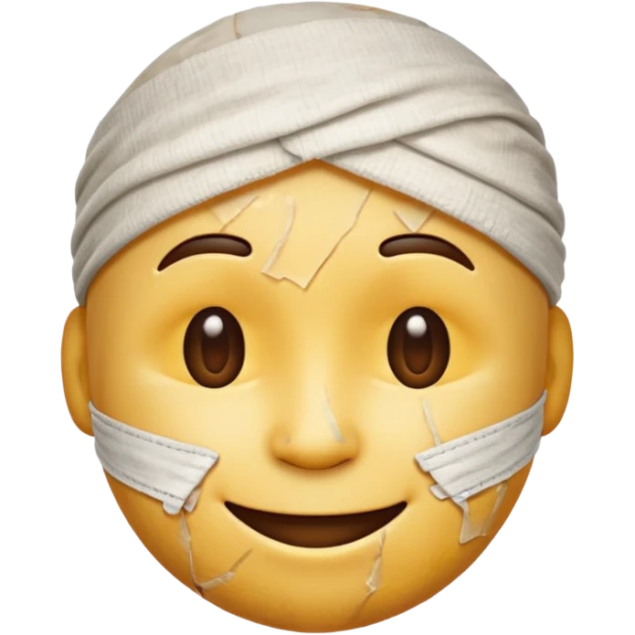 A battered emoji, bandaged head, scratches, but smiling emoji