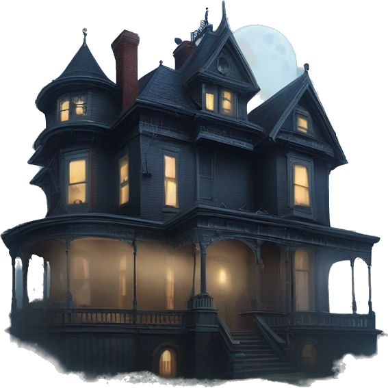 Fantastic Wide full view, A very roomy ramshackle Victorian Addams’s mansion looms through light fog at midnight  emoji