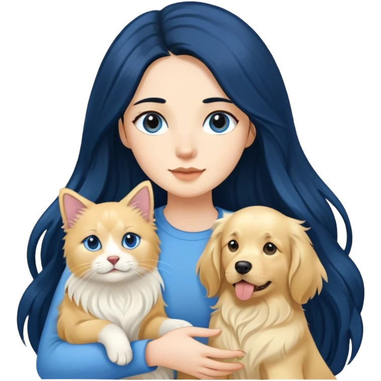 Woman with long black hair holding a blue and white long-haired cat and a golden retriever dog emoji