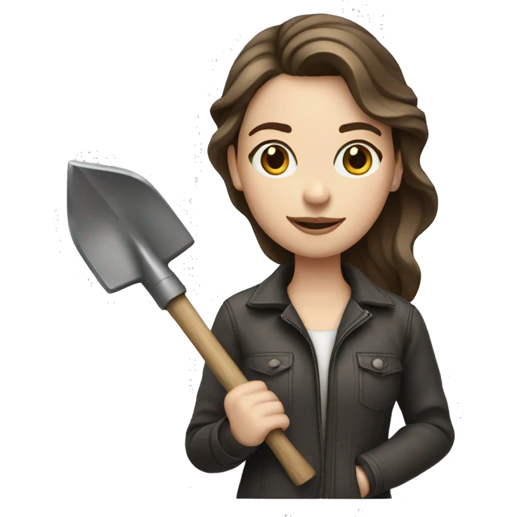 Woman holding one metal shovel with pale skin and hair brown highlights long wavy emoji