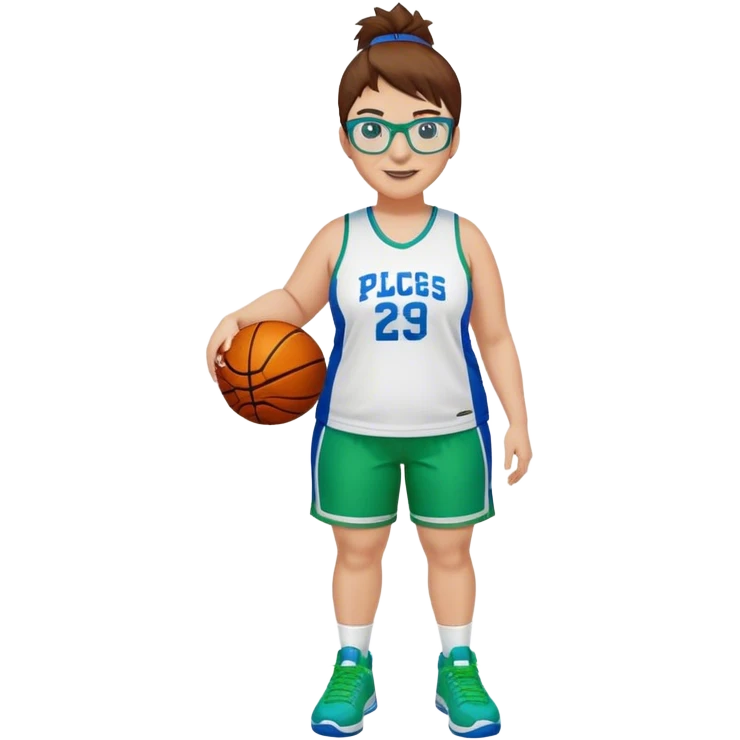 Full Body plus size white female basketball player with short medium brown hair with carmel highlights spike hair wearing blue glasses 
 wide nose wearing blue green uniform  green sneakers smiling  emoji