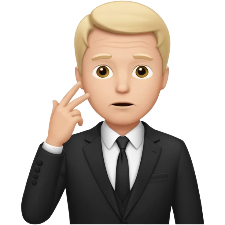 white man in formal suit thinking, hand on mouth, shrugging emoji