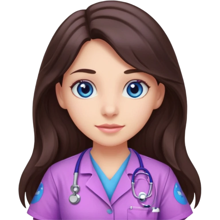 pretty brunette nurse with long hair and blue eyes in pink and purple dinosaur pattern scrubs emoji