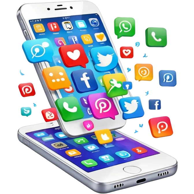 smartphone with social media icons popping out of the screen emoji