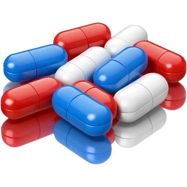 A close-up of mixed pills and capsules, red, white, and blue colors, clean background, light reflections on surface, realistic Memoji-style. emoji