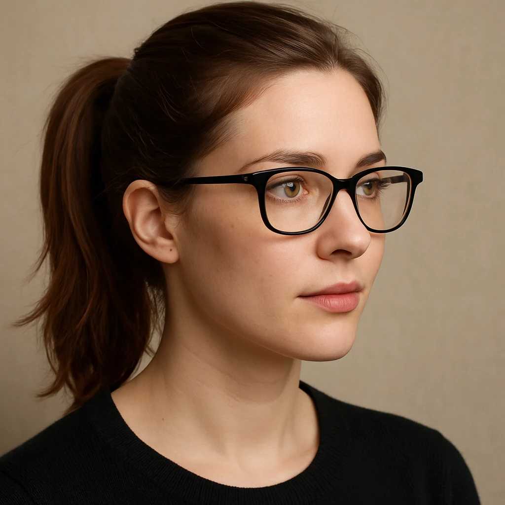 a woman with chestnut hair tied in a ponytail and black frame glasses emoji