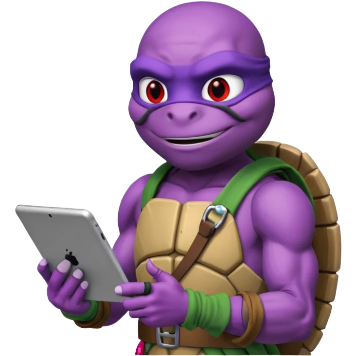Donatello from Teenage Mutant Ninja Turtles, emoji style, with a tablet showing a hacking screen in hand, with a red hacking interface emoji
