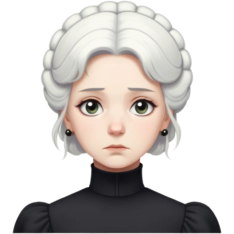 A Victorian woman with simple coiffed white hair and light eyes wearing a simple monochrome black turtleneck mourning dress with puffed sleeves looking down with a forlorn, miserable expression emoji