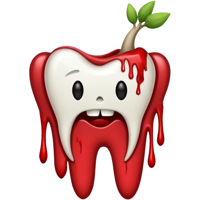 Minimalist emoji-style sticker of a pulled tooth with roots and a smear of blood at the base. Black and desaturated red colors. Flat, clean outline on white.
 emoji