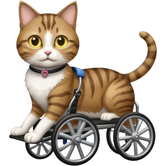 disabled brown tabby and white cat using cat wheelchair emoji