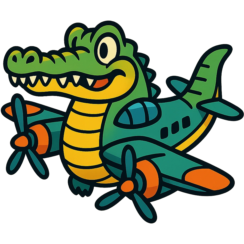 cartoon crocodile merged with a classic bomber airplane, with propellers and wings emoji