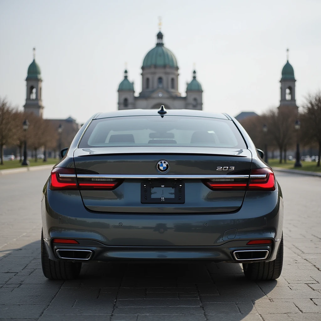 BMW Series 7 2022, rear angle, photorealistic, in front of a Romanian landmark, realistic background emoji