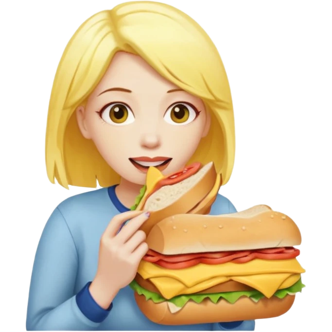 A woman with yellow hair and yellow skin eating a HUGE sandwich emoji