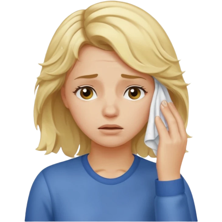 tired blond girl with lightly wavy hair, wipes away sweats from the forehead emoji