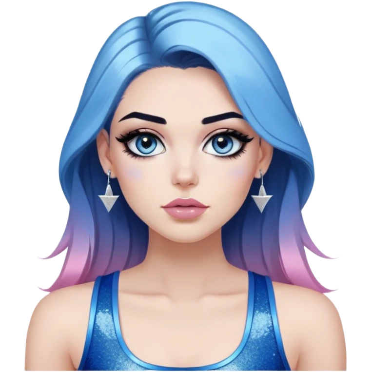 Sultry-very-beautiful-face-light-pink-lips-long-straight-dark-blue-ombre-hair-and-blue-eyes-thick-black-eyeliner-really-thick-long-eye-lashes-sky-blue-superman-tank-top-with-glitter-and-silver-hoop-earrings emoji